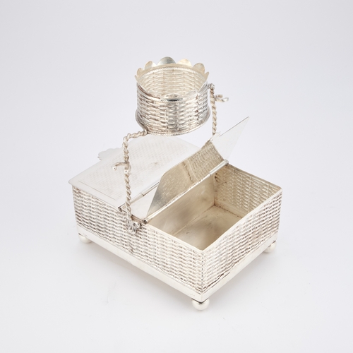 255 - A LATE 19TH CENTURY SILVER-PLATED CIGAR BOX with twin hinged covers above basket-weave pattern sides... 