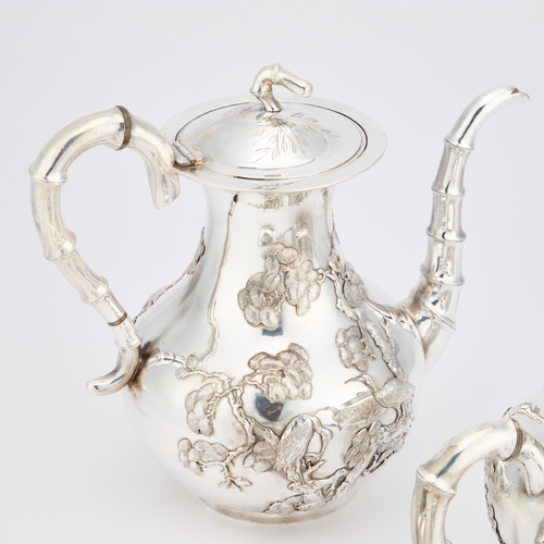 289 - A CHINESE SILVER FOUR-PIECE TEA SERVICE mark of Wang Hing, with artisan mark, comprising a teapot, c... 