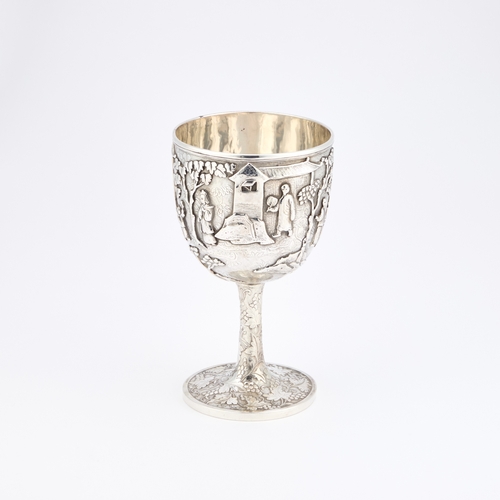 291 - A LARGE 19TH CENTURY CHINESE SILVER GOBLET unmarked, the circular bowl with rounded sides, decorated... 