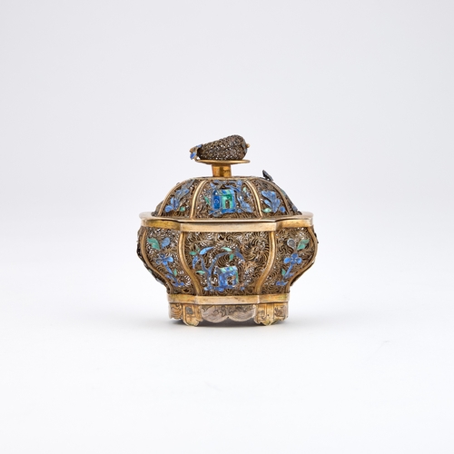 295 - A CHINESE SILVER-GILT AND ENAMEL BOX of shaped bombe form, the pull-off lid with gourd-form knop, th... 