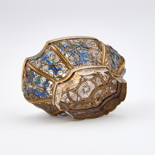 295 - A CHINESE SILVER-GILT AND ENAMEL BOX of shaped bombe form, the pull-off lid with gourd-form knop, th... 