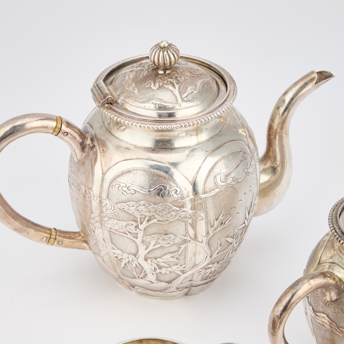 298 - § A CHINESE SILVER FOUR-PIECE TEA SERVICE mark of Kwan Wo, late 19th Century, comprising a teapot, c... 