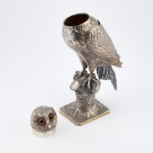 308 - A LARGE GERMAN SILVER MODEL OF AN OWL Hanau marks, late 19th Century, modelled perched on a tree stu... 