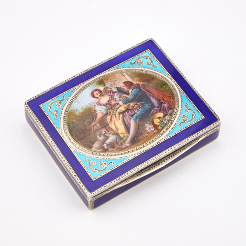 319 - A FINE CONTINENTAL SILVER AND ENAMEL BOX import marks, George Stockwell, London 1927, rectangular, t... 