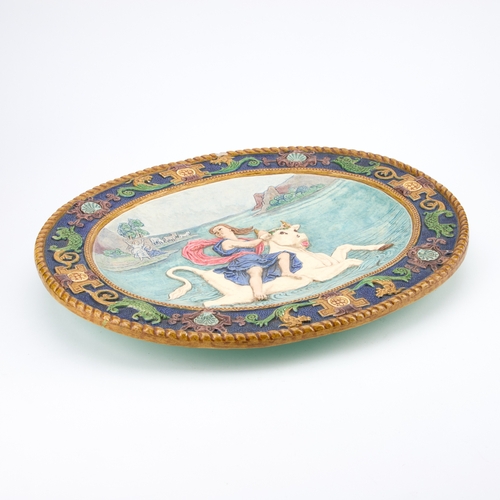 35 - A FRENCH MAJOLICA CHARGER BY CHARLES JAUBERT, CIRCA 1880 oval, decorated in relief with Europa and t... 