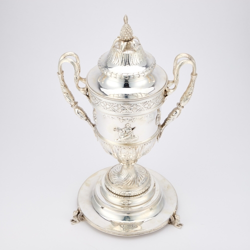 377 - AN EDWARDIAN SILVER TROPHY CUP AND COVER ON STAND by Sydney Bellamy Harman (subsequently Lambert &am... 