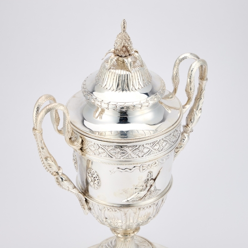 377 - AN EDWARDIAN SILVER TROPHY CUP AND COVER ON STAND by Sydney Bellamy Harman (subsequently Lambert &am... 