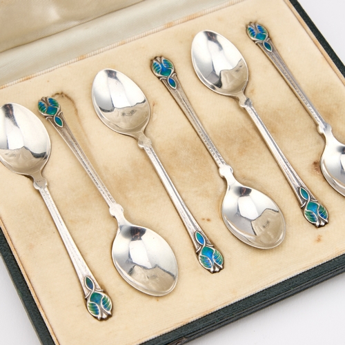 396 - A SET OF SIX ARTS AND CRAFTS SILVER AND ENAMEL SPOONS by Liberty & Co Ltd, Birmingham 1937, each... 