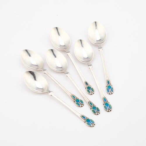 396 - A SET OF SIX ARTS AND CRAFTS SILVER AND ENAMEL SPOONS by Liberty & Co Ltd, Birmingham 1937, each... 