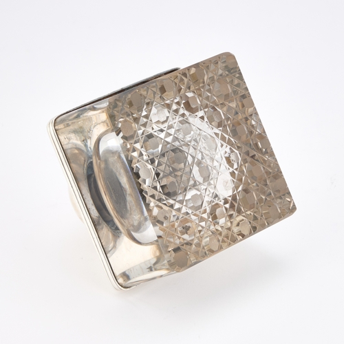 397 - AN EDWARDIAN SILVER-MOUNTED INKWELL by William Harrison Walter, Birmingham 1906, square, the glass b... 