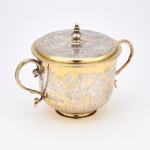 408 - A FINE SILVER-GILT CHINOISERIE PORRINGER AND COVER IN CHARLES II STYLE by C J Vander Ltd, London 193... 