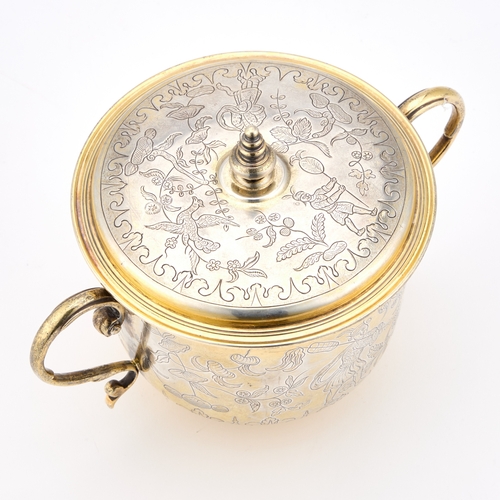 408 - A FINE SILVER-GILT CHINOISERIE PORRINGER AND COVER IN CHARLES II STYLE by C J Vander Ltd, London 193... 