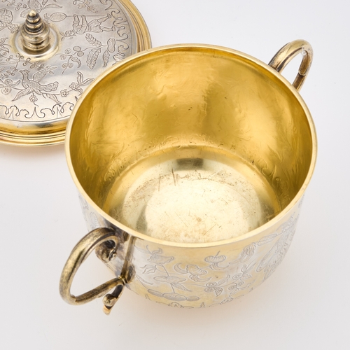 408 - A FINE SILVER-GILT CHINOISERIE PORRINGER AND COVER IN CHARLES II STYLE by C J Vander Ltd, London 193... 