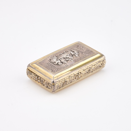 475 - A GEORGE III SILVER AND PARCEL-GILT SNUFF BOX maker J F, London 1819, rectangular, the hinged cover ... 