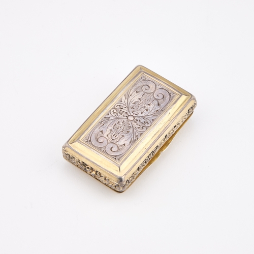 475 - A GEORGE III SILVER AND PARCEL-GILT SNUFF BOX maker J F, London 1819, rectangular, the hinged cover ... 