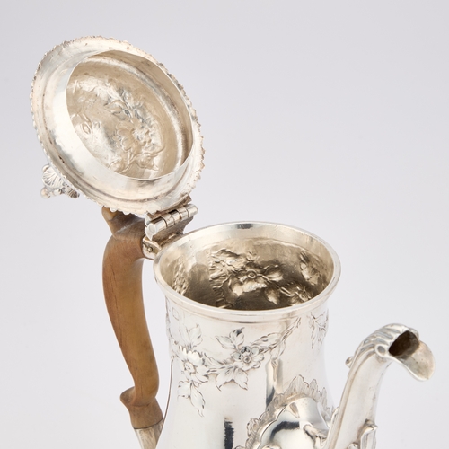 502 - A GEORGE III SILVER COFFEE POT by Benjamin Bickerton, date letter indistinct, of baluster form, now ... 