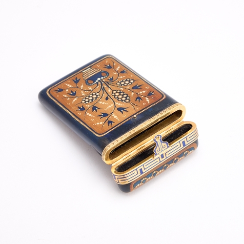 528 - A FINE FRENCH GOLD-MOUNTED AND ENAMELLED LACQUER CASE rectangular, the hinged cover featuring a blue... 