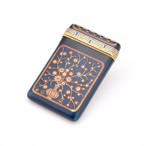 528 - A FINE FRENCH GOLD-MOUNTED AND ENAMELLED LACQUER CASE rectangular, the hinged cover featuring a blue... 