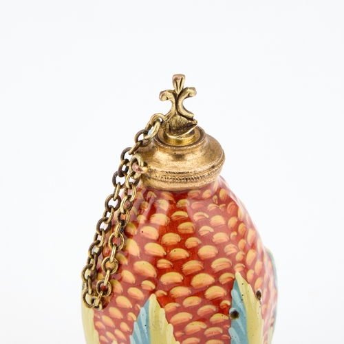 529 - AN ENAMEL SCENT BOTTLE in the form of a corncob, brightly enamelled with striated leaves, gilt-metal... 