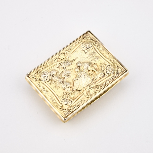 537 - AN 18TH CENTURY SILVER-GILT SNUFF BOX unmarked, rectangular with canted waisted sides, the hinged co... 