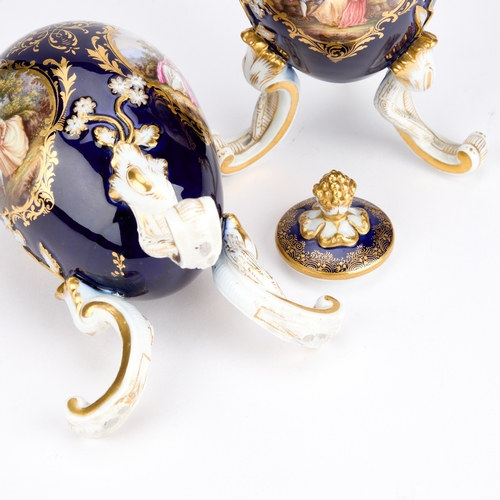 54 - A NEAR PAIR OF MEISSEN EGG-SHAPED VASES AND COVERS, CIRCA 1880 each on three rocaille feet, the ovoi... 