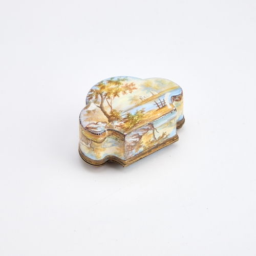 541 - A VIENNESE SILVER-GILT MOUNTED ENAMEL SNUFF BOX, CIRCA 1870 marked to rim, cartouche-shaped, the hin... 