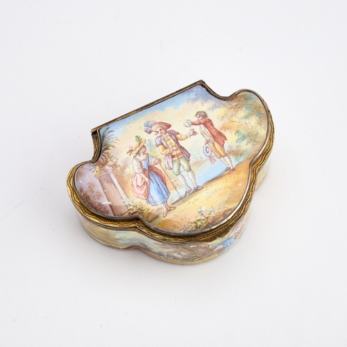 541 - A VIENNESE SILVER-GILT MOUNTED ENAMEL SNUFF BOX, CIRCA 1870 marked to rim, cartouche-shaped, the hin... 