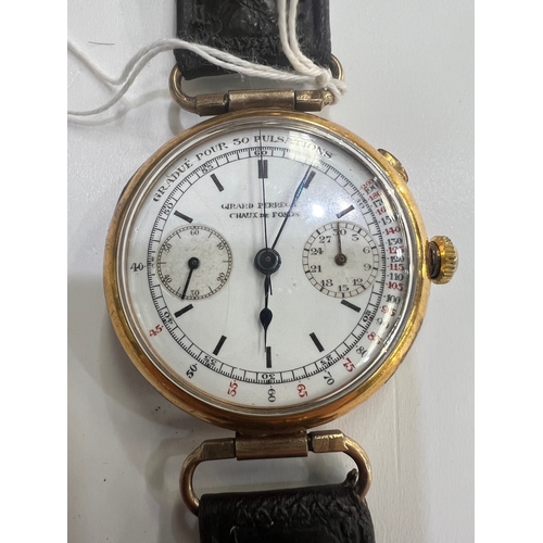 548 - A GENTS GOLD PLATED GIRARD PERREGAUX CHRONOGRAPH STRAP WATCH the circular white enamel dial signed G... 