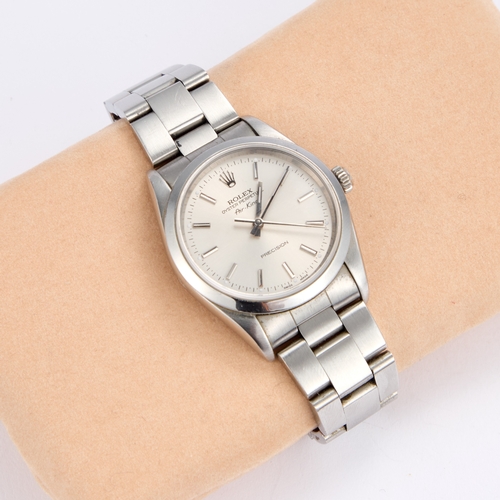 564 - A GENTS STEEL ROLEX AIR KING BRACELET WATCH the circular silver dial with baton indices signed Rolex... 