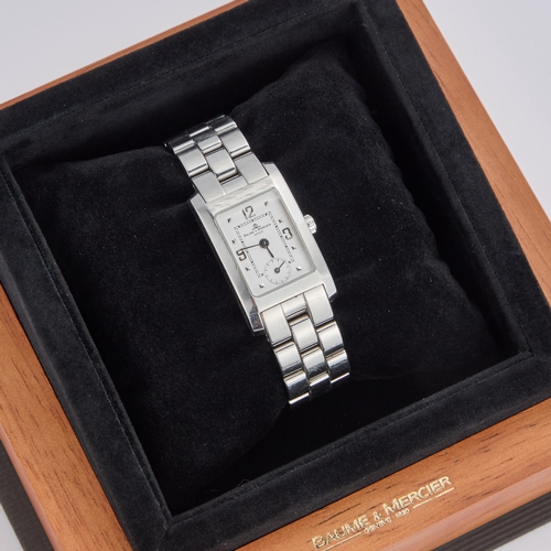 565 - A LADY'S STEEL BAUME & MERCIER HAMPTON BRACELET WATCH the rectangular white dial signed Baume & ... 