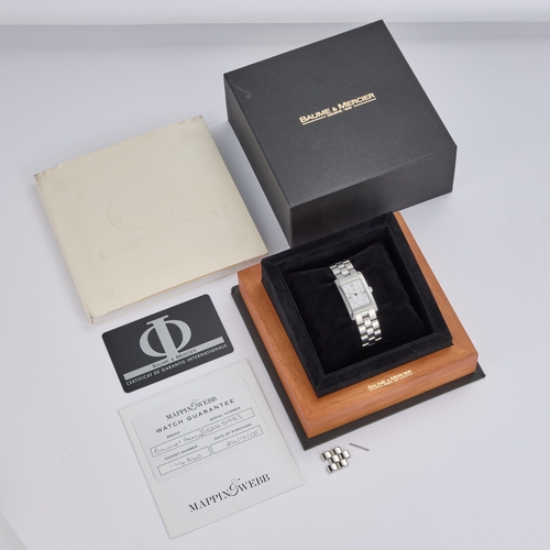 565 - A LADY'S STEEL BAUME & MERCIER HAMPTON BRACELET WATCH the rectangular white dial signed Baume & ... 