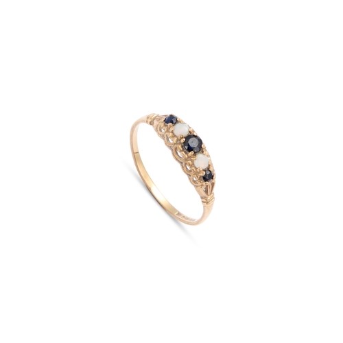 619 - A 9 CARAT GOLD SAPPHIRE AND OPAL FIVE STONE RING graduated round-cut sapphires and opals above a car... 