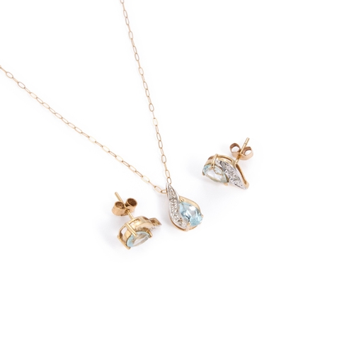 620 - A BLUE TOPAZ AND DIAMOND PENDANT NECKLACE AND EARRING SET set with pear-cut blue topaz and accented ... 