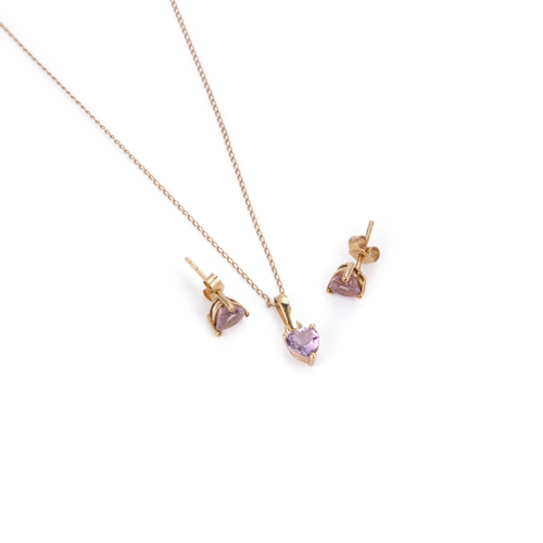 623 - AN AMETHYST PENDANT ON CHAIN AND EARRING SET heart-cut amethysts in claw settings, the pendant to a ... 