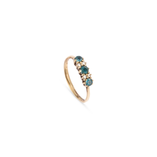 624 - A 9 CARAT GOLD BLUE ZIRCON AND DIAMOND RING three round-cut blue zircon spaced by pairs of eight-cut... 