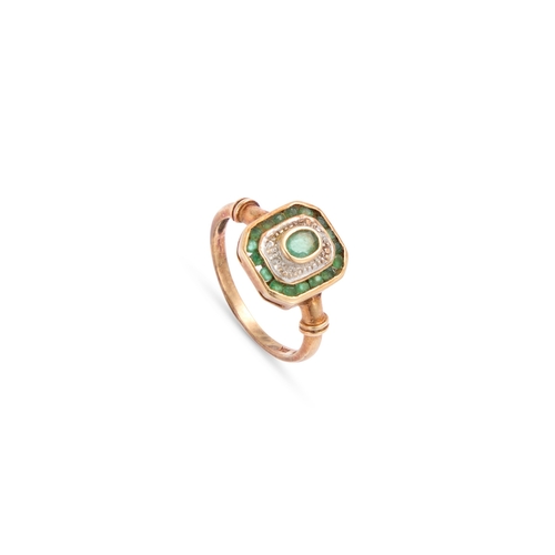 626 - A 9 CARAT GOLD EMERALD AND DIAMOND CLUSTER RING an oval-cut emerald within a millgrain border accent... 