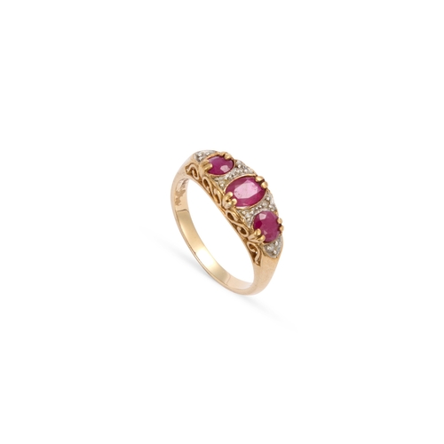 637 - A 9 CARAT GOLD RUBY AND DIAMOND RING three graduated oval-cut rubies spaced by round-cut diamond acc... 