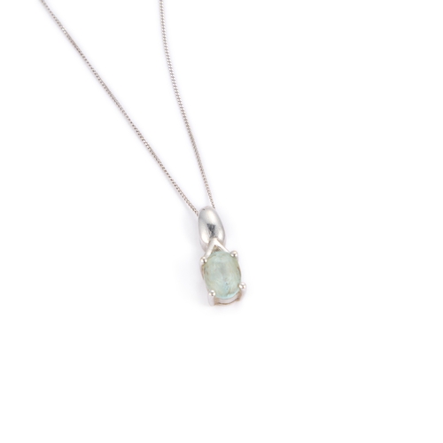 638 - A 9 CARAT WHITE GOLD AQUAMARINE AND DIAMOND PENDANT ON CHAIN an oval-cut aquamarine to a diamond set... 