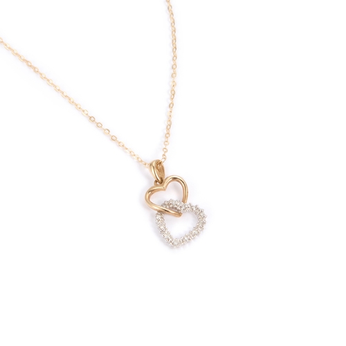 647 - A DIAMOND PENDANT ON CHAIN a diamond-set heart interlocked with a plain heart, unmarked. Pendant 2cm... 