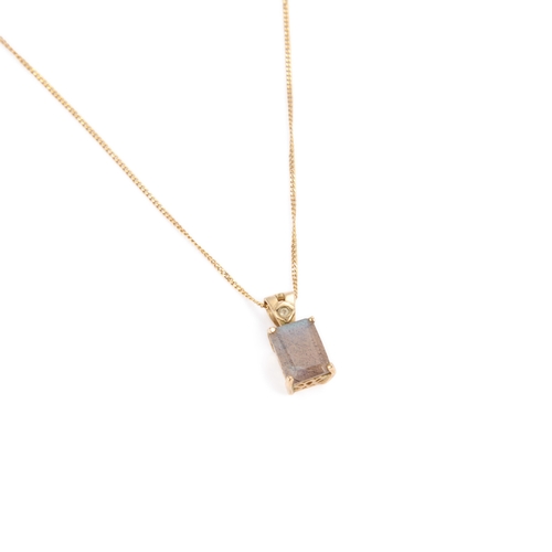 653 - A LABRADORITE AND DIAMOND PENDANT ON CHAIN an octagonal-cut labradorite to a diamond-set bail, unmar... 