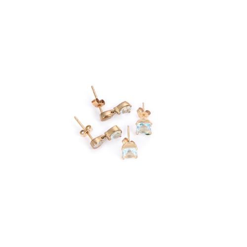 654 - TWO PAIRS OF BLUE TOPAZ EARRINGS comprising a pair with pear-cut blue topaz suspended from diamond-s... 