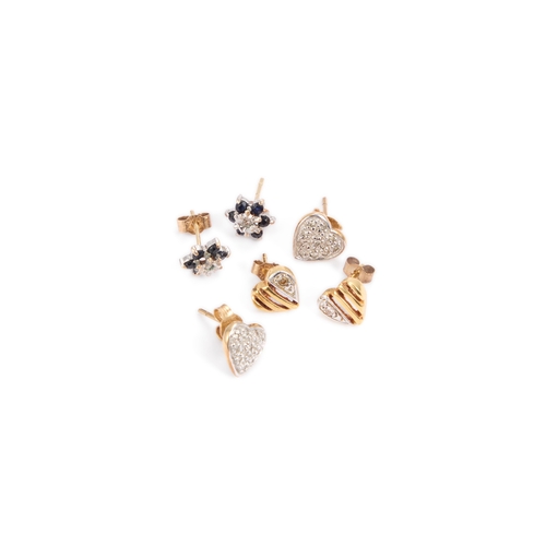 655 - THREE PAIRS OF STUD EARRINGS comprising a pair of diamond-set heart-shaped studs, stamped '750'; a p... 