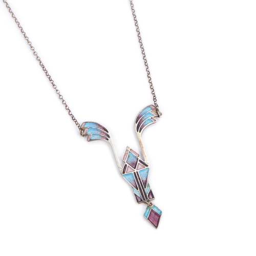 662 - MALCOLM GRAY: A SCOTTISH SILVER AND ENAMEL ART NOUVEAU STYLE PENDANT NECKLACE the angular pendant fi... 