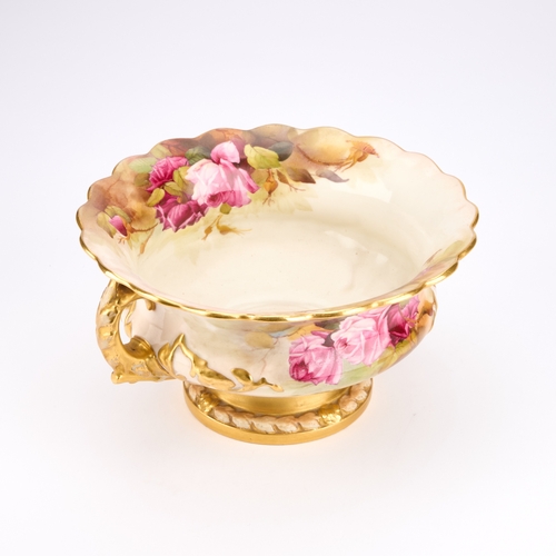 76 - A ROYAL WORCESTER TWIN-HANDLED BOWL DATED 1920 with a scalloped edge rim, painted with Hadley style ... 