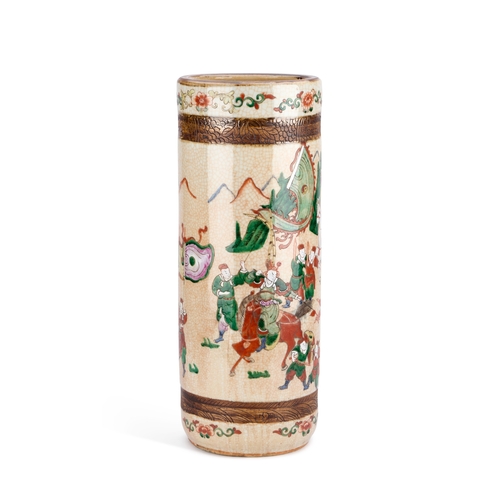 89 - A CHINESE CRACKLEWARE STICK STAND, LATE 19TH/ EARLY 20TH CENTURY of cylindrical form, enamelled with... 