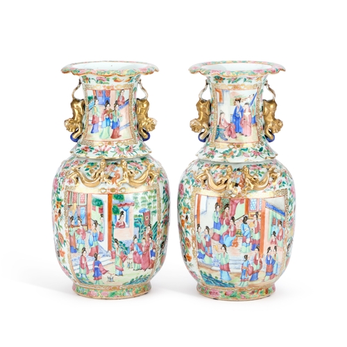 91 - A PAIR OF CHINESE FAMILLE ROSE VASES CANTON, MID-19TH CENTURY each of baluster form, the waisted nec... 