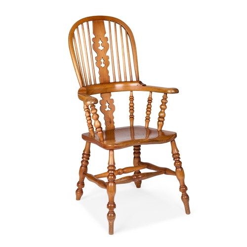 952 - A 20TH CENTURY BURR ELM AND OAK WINDSOR ARMCHAIR with a shaped and pierced splat above a shaped seat... 