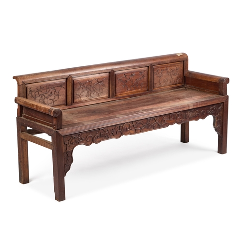 954 - A CHINESE HARDWOOD BENCH QING DYNASTY, 19TH CENTURY the curved crest rail above four panels carved w... 