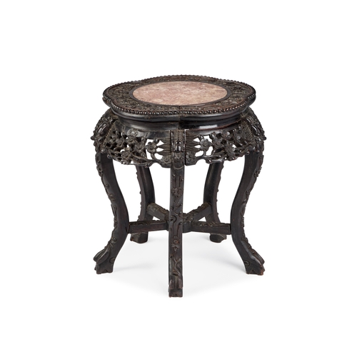 968 - A CHINESE MARBLE-INSET HARDWOOD STAND 19TH CENTURY the cinquefoil top carved with a broad band of pr... 