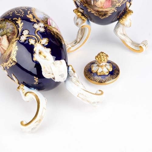 109 - A NEAR PAIR OF MEISSEN EGG-SHAPED VASES AND COVERS, CIRCA 1880 each on three rocaille feet, the ovoi... 